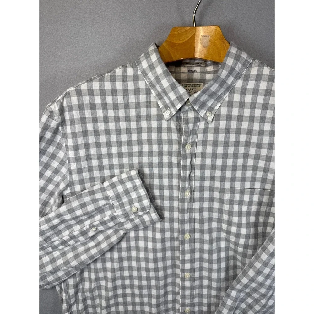 J. Crew Slim‎ Untucked Button Down Organic Cotton Stretch Gingham Mens XL Preppy